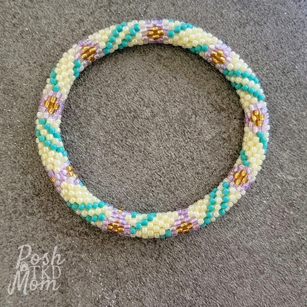 Glass Bead Bracelet (Cream/Green/Gold/Lilac) - NWOT
